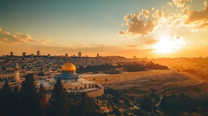 Obraz premium A panoramic view of Jerusalem's ancient cityscape, showcasing the dome on top and old walls with golden hues under a bright sky.