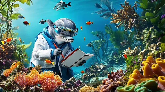 A dolphin wearing a lab coat and goggles taking notes in an underwater coral reef.