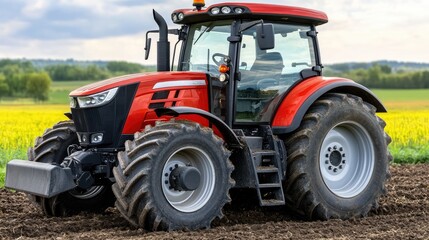 A powerful tractor tilling the soil in a golden field with a stunning sunset backdrop. The vibrant colors enhance the farming scene.