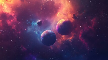 Obraz premium A minimalistic space backdrop with bold, colorful planets suspended in a field of dark space, interspersed with constellations and soft wisps of gas clouds. The use of vibrant, contrasting colors