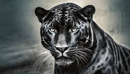 A striking black jaguar with piercing blue eyes gazes intensely, showcasing its sleek fur and powerful presence in a dramatic setting