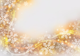 リボンと雪の結晶の背景、黄色、ゴールド系、クリスマスや新年のイベント等へ