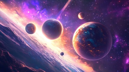 surreal space scene featuring multiple planets with vivid textures and unique surface patterns, floating amidst colorful nebulae and scattered stars. The planets vary in size, with a glowing