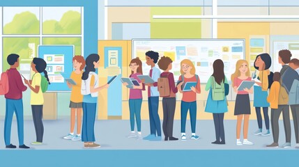 A vibrant classroom scene with students engaged in discussions and activities.