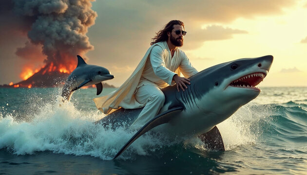 A man riding a shark in the ocean with volcanic mountain background
