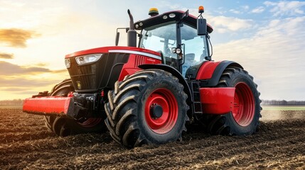 Obraz premium A rural landscape with a tractor plowing a field as the sun sets, casting a golden hue across the sky and soil. A vibrant farming scene.