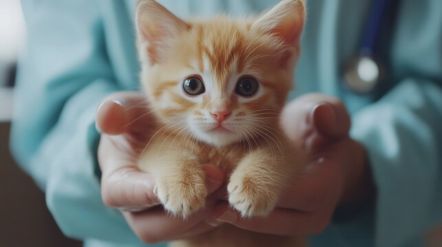 Web banner with puppy and kitten in veterinarian doctor hands at animal clinic copy space Female vet doctor holding cute ginger puppy and kitten Vet examining Pet check dog and cat hea : Generative AI - Powered by Adobe