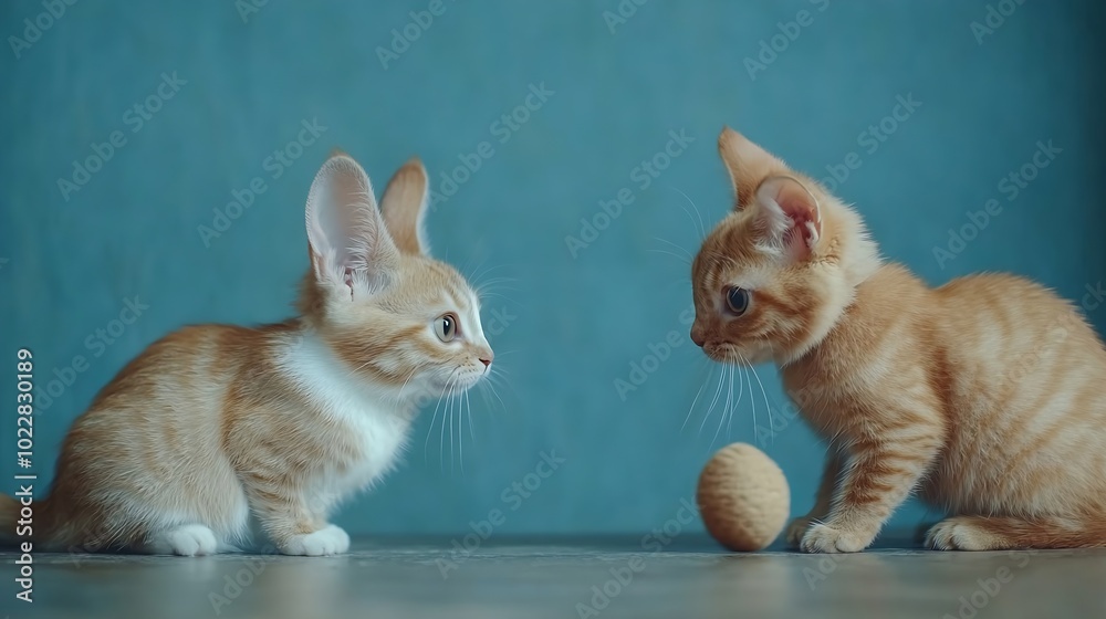 Poster ginger cat and rabbit playing together happy red pets isolated on blue : generative ai