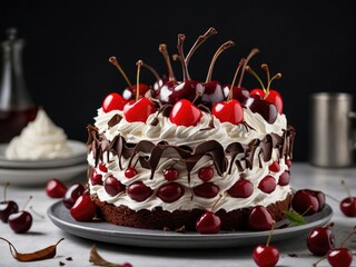 Black forest cake decorated with whipped cream and cherries. Luxurious dessert with cream and cherry garnish