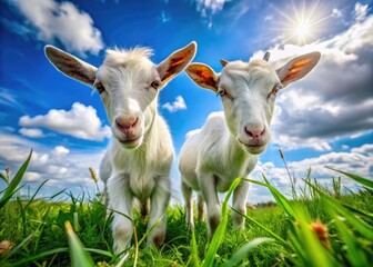 Two adorable goats grazing together in a lush green field under a bright blue sky in nature