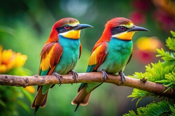 Fototapeta premium Two Colorful Birds Perched Together on a Branch in a Lush Green Environment in Nature's Beauty