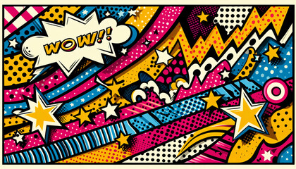 A vibrant pop art illustration with a "WOW!!" comic explosion, filled with dynamic colors and playful stars