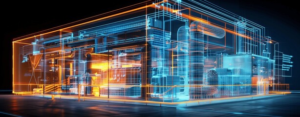 3D Holographic Industrial Building Visualization with Technical Machinery Diagram