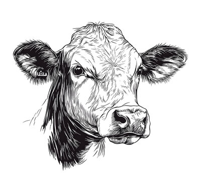 recommend clip art: Farm cow head sketch hand drawn line art engraving Vector illustration