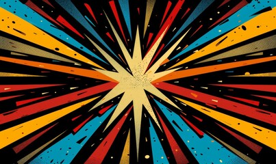 Fototapeta premium Colorful Abstract Retro Lightning Blast Background, Comic Book Style, Dynamic Rays, Vintage Poster Design, 70s 80s 90s, Symmetrical Layout, High Contrast Black Background, No Text