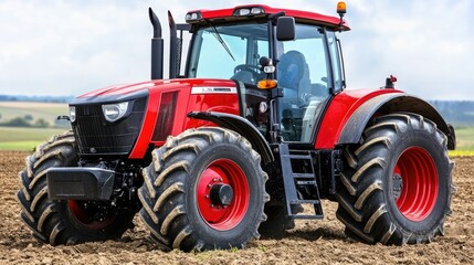 A tractor working the field, with rich soil in the foreground and a breathtaking countryside backdrop. A peaceful rural scene.