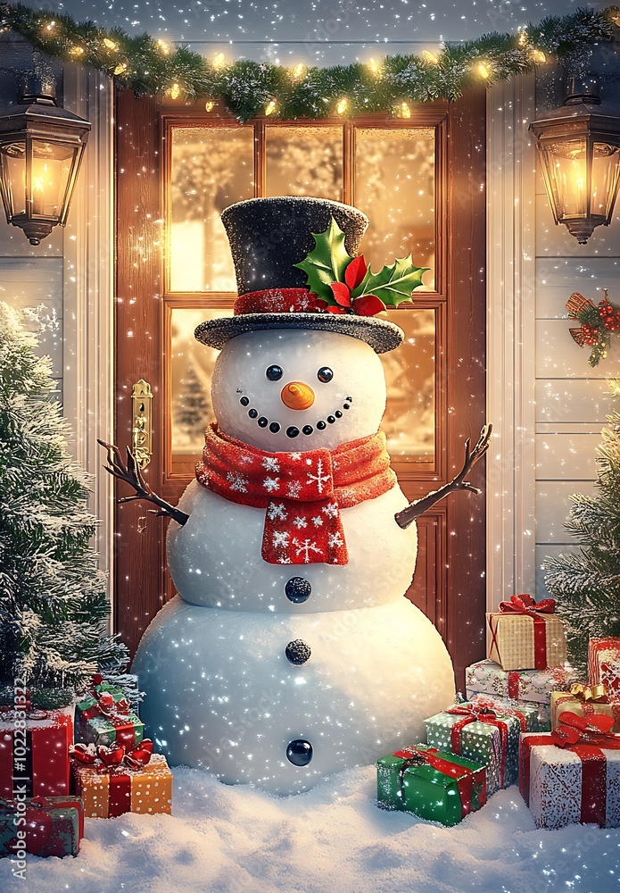 Poster a snowman with a top hat and scarf stands in front of the door : generative ai