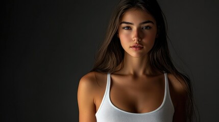 Fototapeta premium Beautiful woman in white T-shirt Female breast dark background