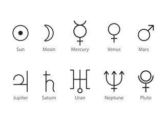 Astrological symbols of the planets - Sun, Moon, Mars, Venus, Mercury, Uranus, Saturn, Jupiter, Pluto, Neptune. Illustration on transparent background © tiena