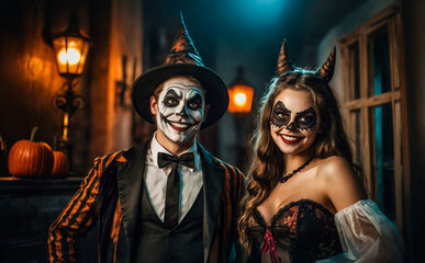 Fototapeta premium A group of friends posing at a Halloween party. They put on their makeup and dressed in Halloween concept