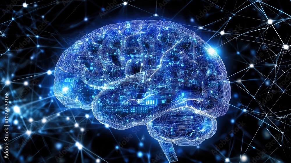 Poster abstract artificial intelligence visualization with blue glowing circuits and data streams, symboliz