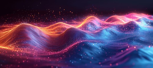 Futuristic Data Visualization with Glowing Blue and Purple Sound Waves on Black Background