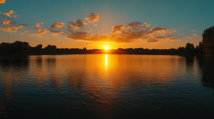 Fototapeta premium Gorgeous sunrise panorama illuminating the lake with warm, vibrant colors.