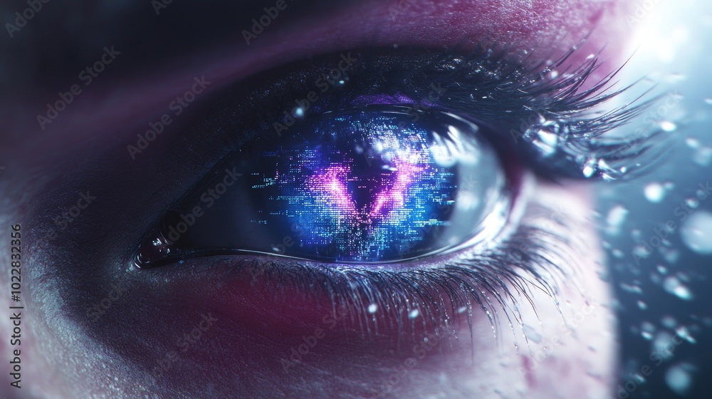 Poster abstract close-up of a digital eye with data codes and a tunnel-like structure, representing artific