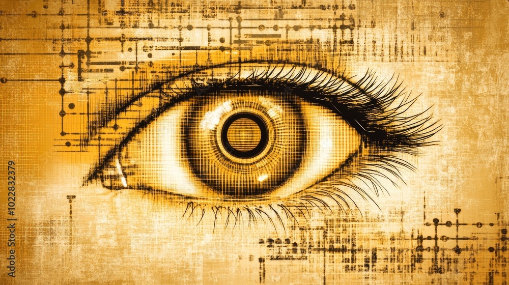 Poster abstract close-up of a digital eye with data codes and a tunnel-like structure, representing artific