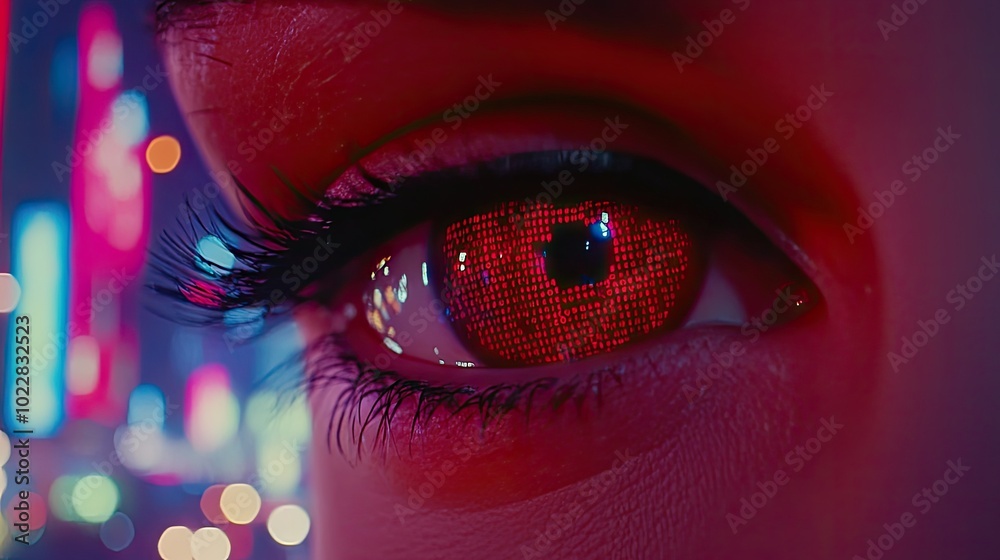 Poster abstract close-up of a digital eye with data codes and a tunnel-like structure, representing artific