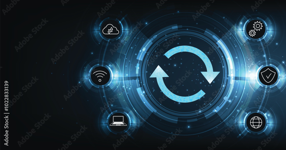 Aufkleber update software. update icon on a dark blue background. modernize, released new version, computer pr