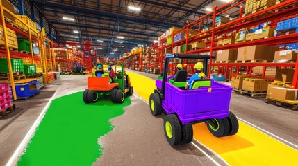 Advanced supply chain management with AR overlays guiding workers in a futuristic warehouse environment.