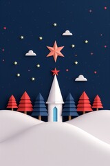 Winter church scene with trees and star on dark blue sky background. 3D paper cut style. Religious Christmas concept. Image for greeting card with copy space.