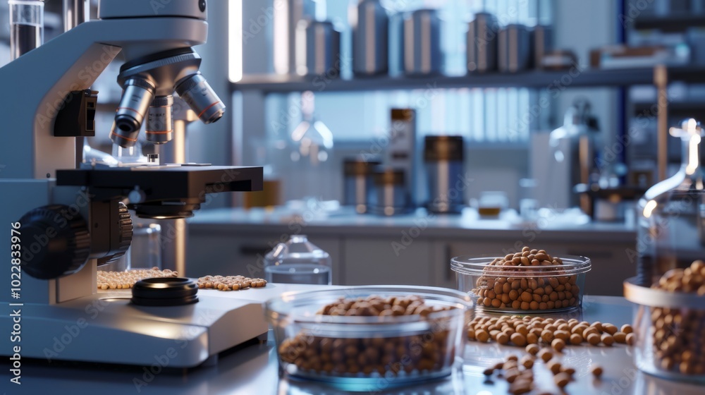 Poster A microscope is on a table with a bowl of nuts next to it