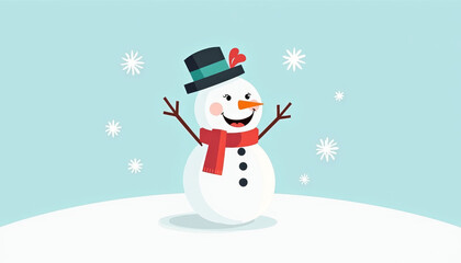 Smiling Snowman with Red Scarf and Hat in Snowy Scene