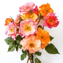 Obraz premium A mixed bouquet of orange and pink Rosa rugosa, close-up, detailed shot, against a white background