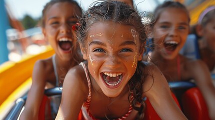 Fototapeta premium Joyful girls screaming with excitement on roller coaster at amusement park