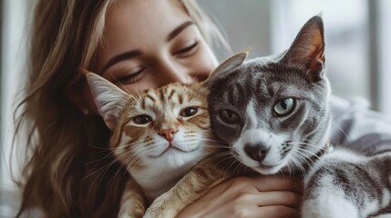 Happy veterinarian hugging dog and cat : Generative AI