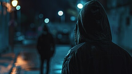A man in a hoodie is standing on a street at night