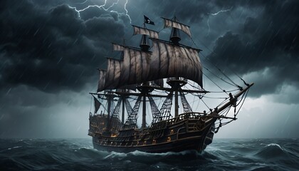 Fototapeta premium illustration of pirates ship in the middle of ocean