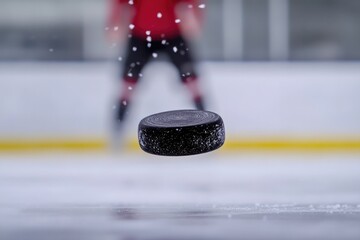 Fast Flying Hockey Puck on Ice with Ice Particles and Blurred Player in the Background