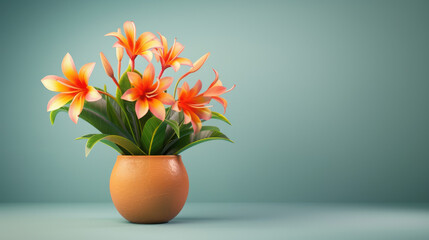 Orange Flowers in Pot on Blue Background