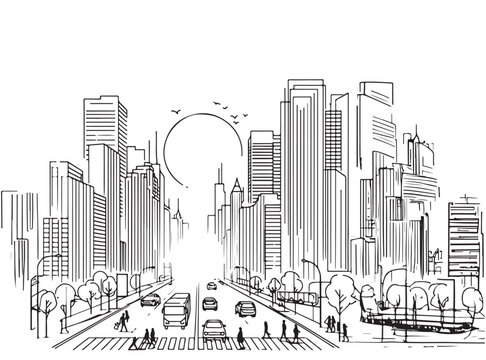 Urban modern landscape, car, people. Hand drawn line sketch