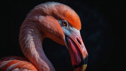 "Close-up of flamingo head and neck, pink feathers with black tips and slightly open beak"