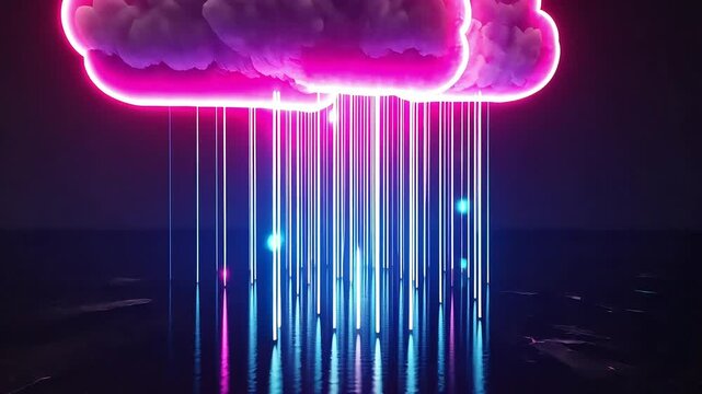Abstract glowing neon cloud raining digital data streams reflecting in dark water.