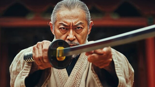 Martial artists wielding traditional weapons, from katanas to nunchaku, in disciplined training sessions