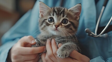 Closeup of the hands of a veterinarian listening with a phonedoscope to a cat at a reception in a veterinary clinic Animal care concept : Generative AI