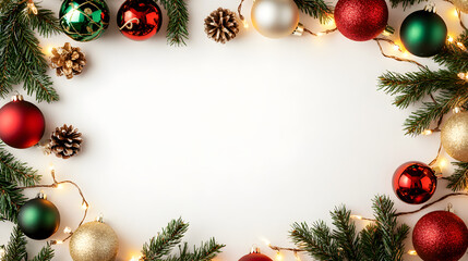 Vibrant holiday poster featuring festive red and green Christmas ornaments surrounded by pine branches and warm lights creating a cheerful winter atmosphere