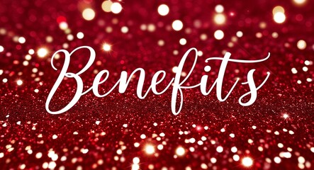 benefits calligraphic lettering on red bokeh glitter festive sparkles background