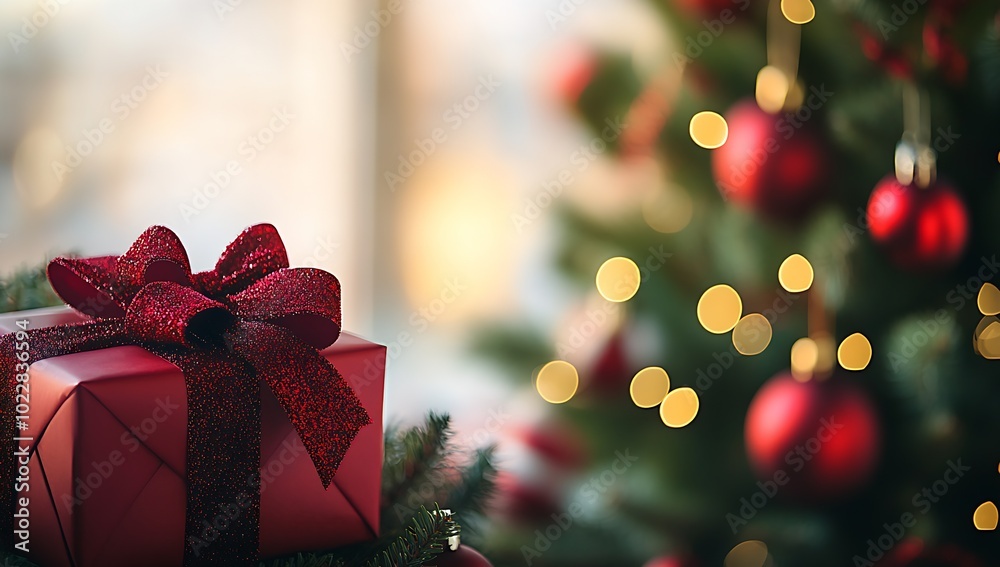 Poster christmas present box with a bow on a decorated tree against a blurred background. : generative ai